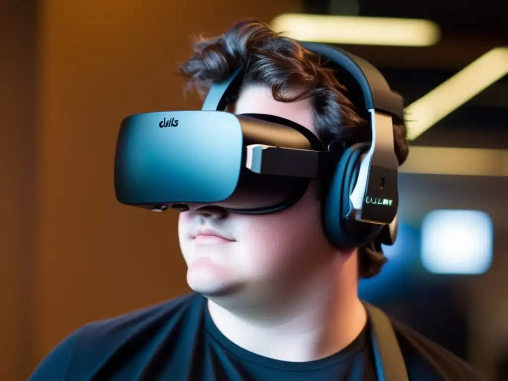 En la imagen, Palmer Luckey usa el auricular Oculus Rift, con un mundo de realidad virtual reflejado en las lentes