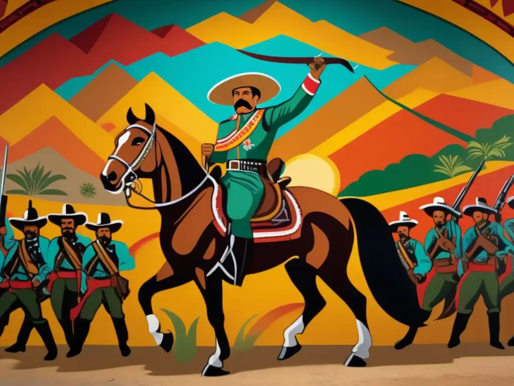 La imagen muestra un mural detallado de Pancho Villa y soldados revolucionarios, destacando el legado de la Revolución Mexicana