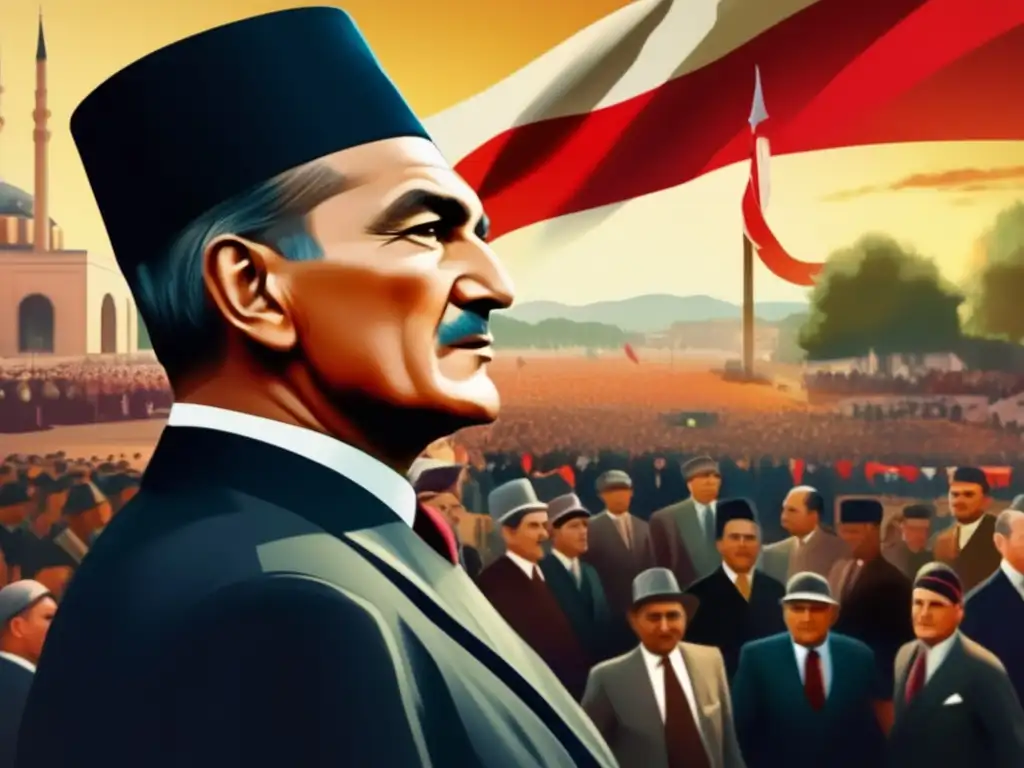 En la imagen, Mustafa Kemal Atatürk se destaca, inspirando a la multitud con su determinación
