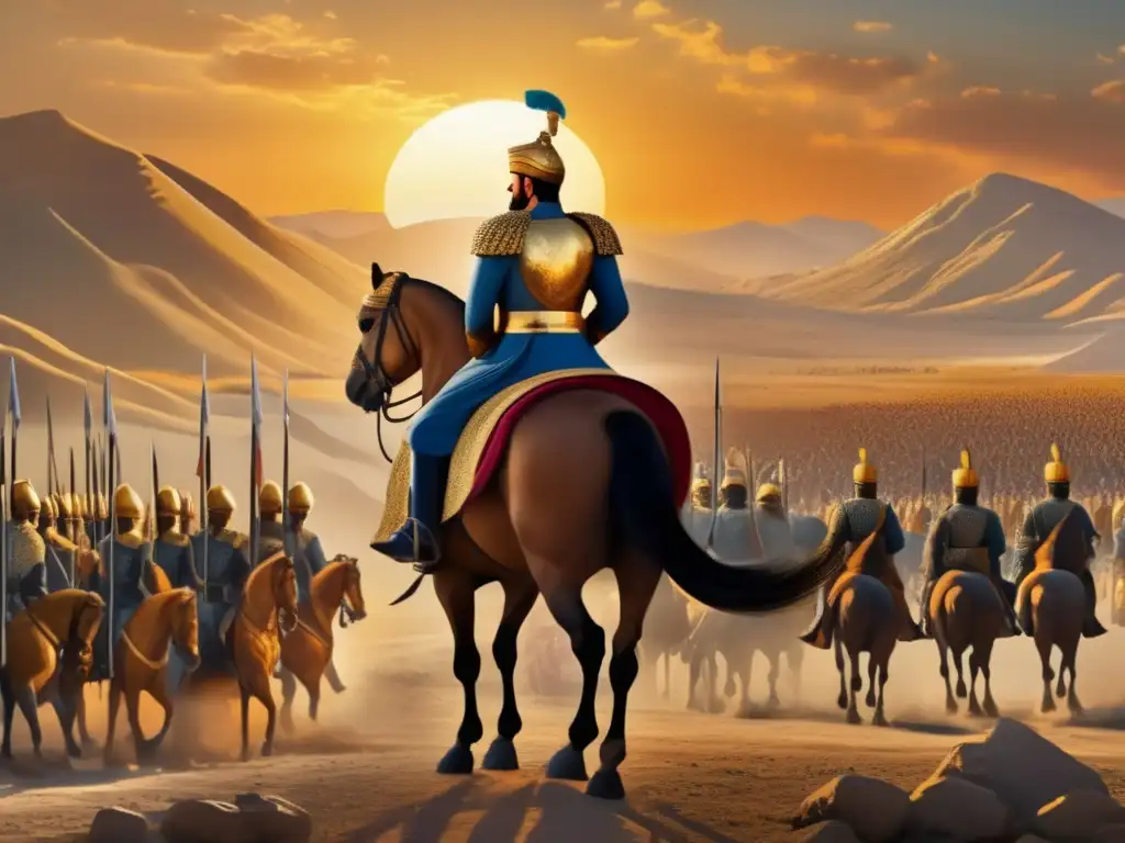 En la imagen, Nader Shah, el conquistador persa, se destaca triunfante en el campo de batalla, rodeado de su ejército y los despojos de la guerra