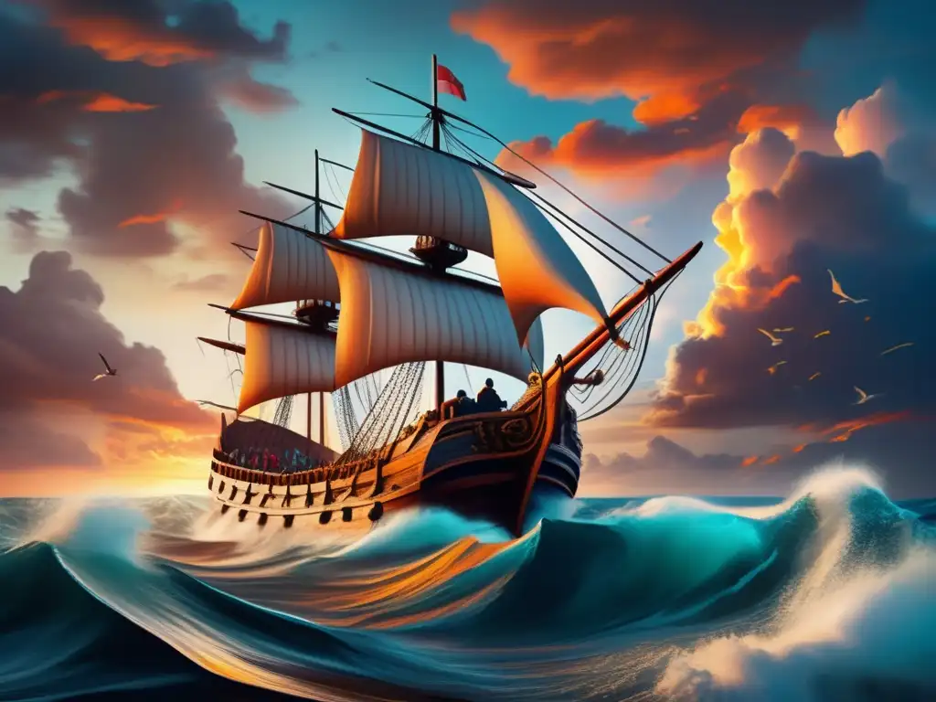 La imagen muestra una nave de navegación antigua cargada con especias exóticas en medio de mares agitados y un cielo dramático al atardecer