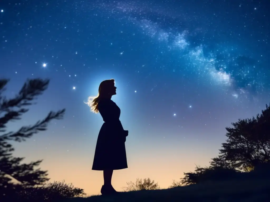 Una imagen de la noche estrellada con la silueta de María Mitchell, símbolo de su legado en la astronomía femenina