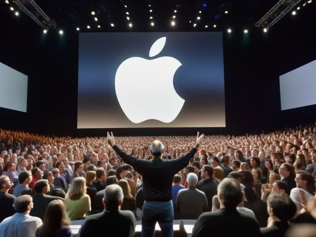 En la imagen, Steve Jobs revela un nuevo producto Apple ante una audiencia masiva, capturando su legado, influencia y la revolución digital