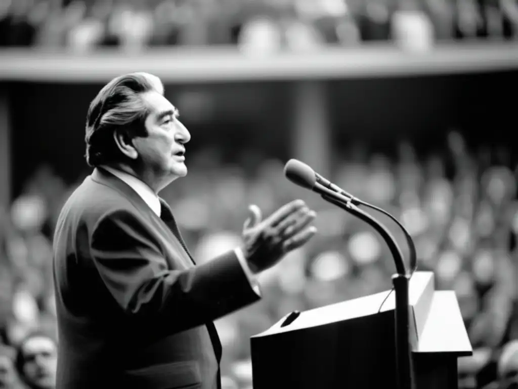 En la imagen, Octavio Paz pronuncia un apasionado discurso político frente a una multitud, proyectando autoridad e compromiso