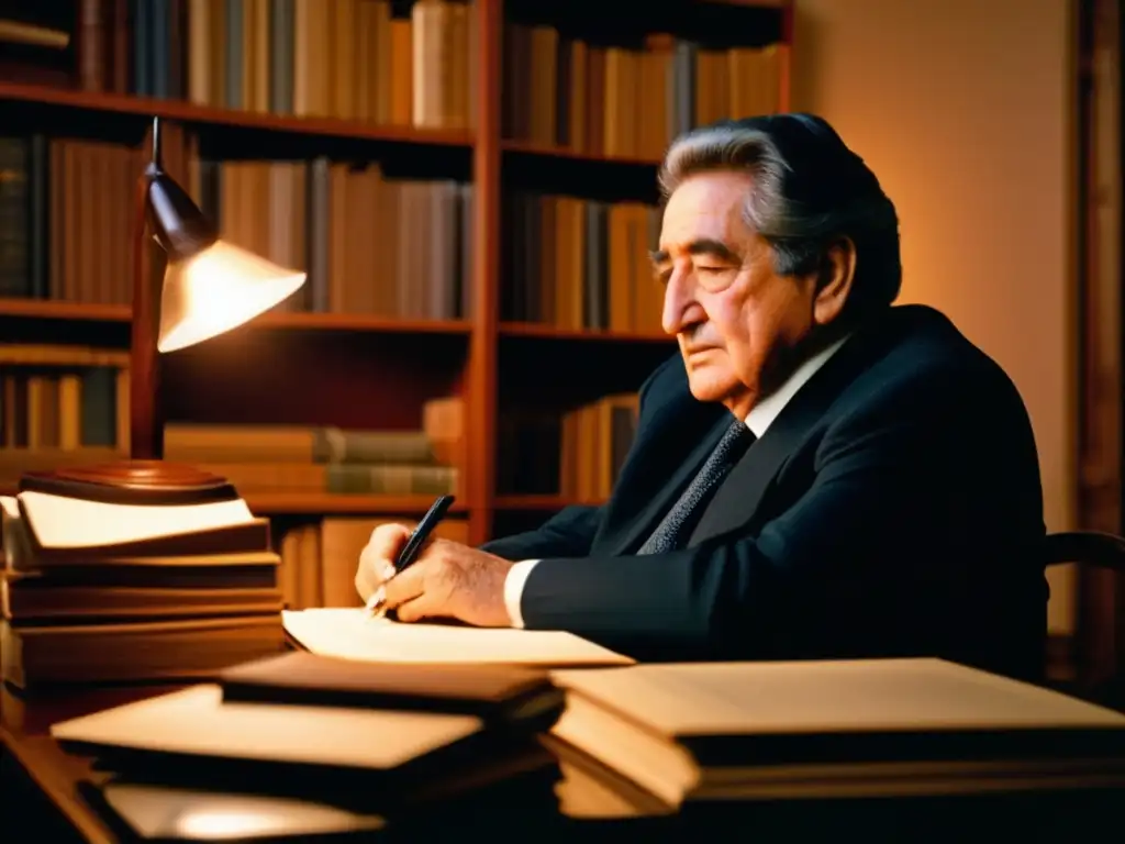 En la imagen se ve a Octavio Paz en su escritorio, rodeado de libros y papeles, sumergido en sus pensamientos