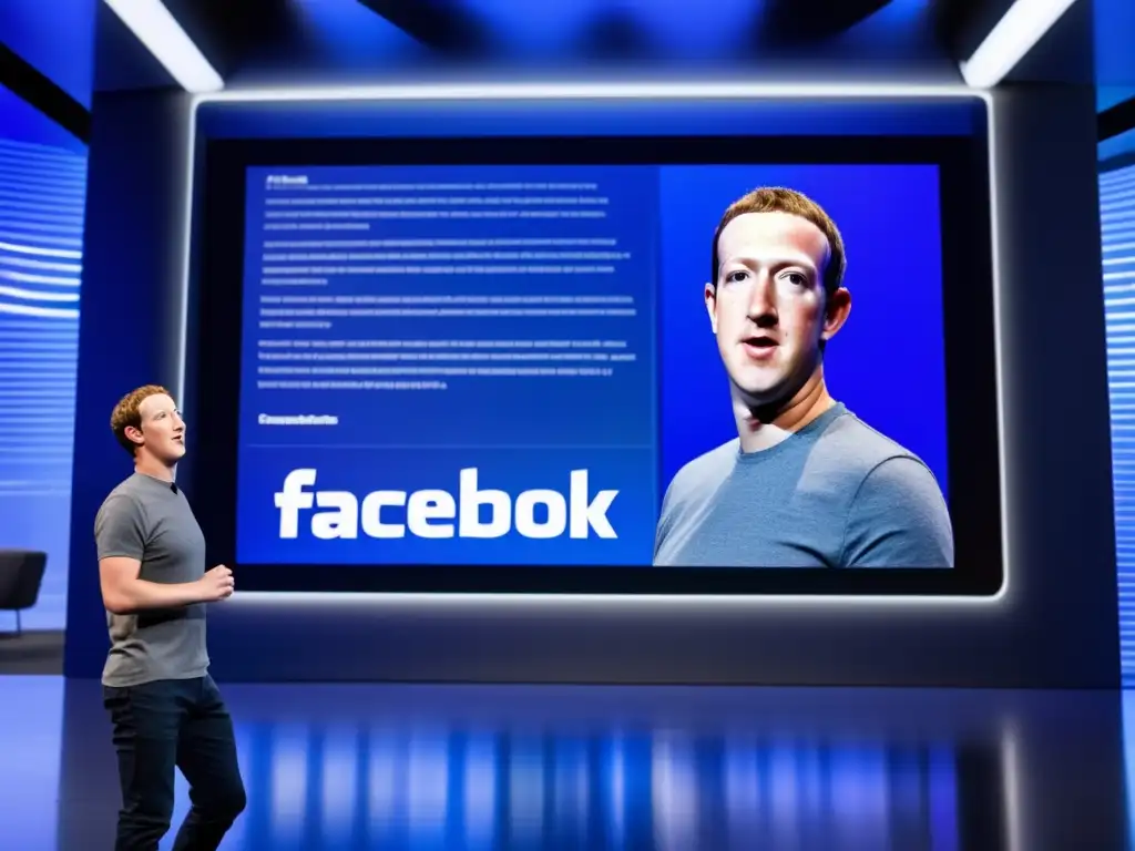 La imagen muestra a Mark Zuckerberg en su oficina futurista, con determinación y liderazgo, señalando la interfaz de Facebook