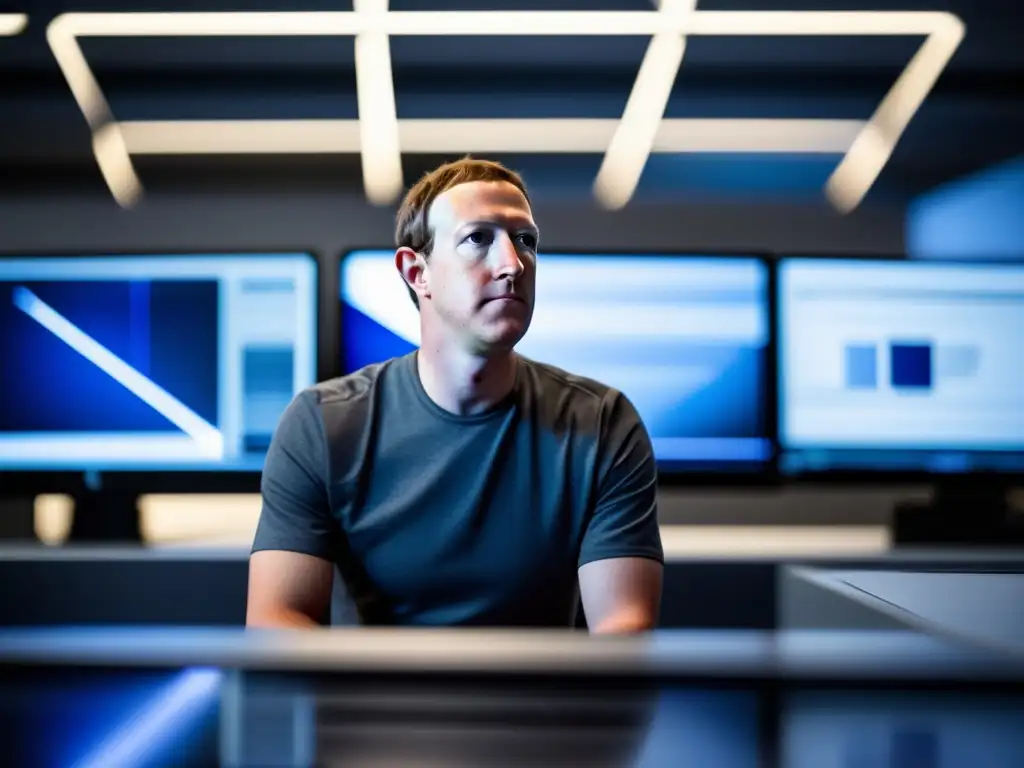 En la imagen se ve a Mark Zuckerberg en una oficina moderna y elegante, rodeado de tecnología futurista