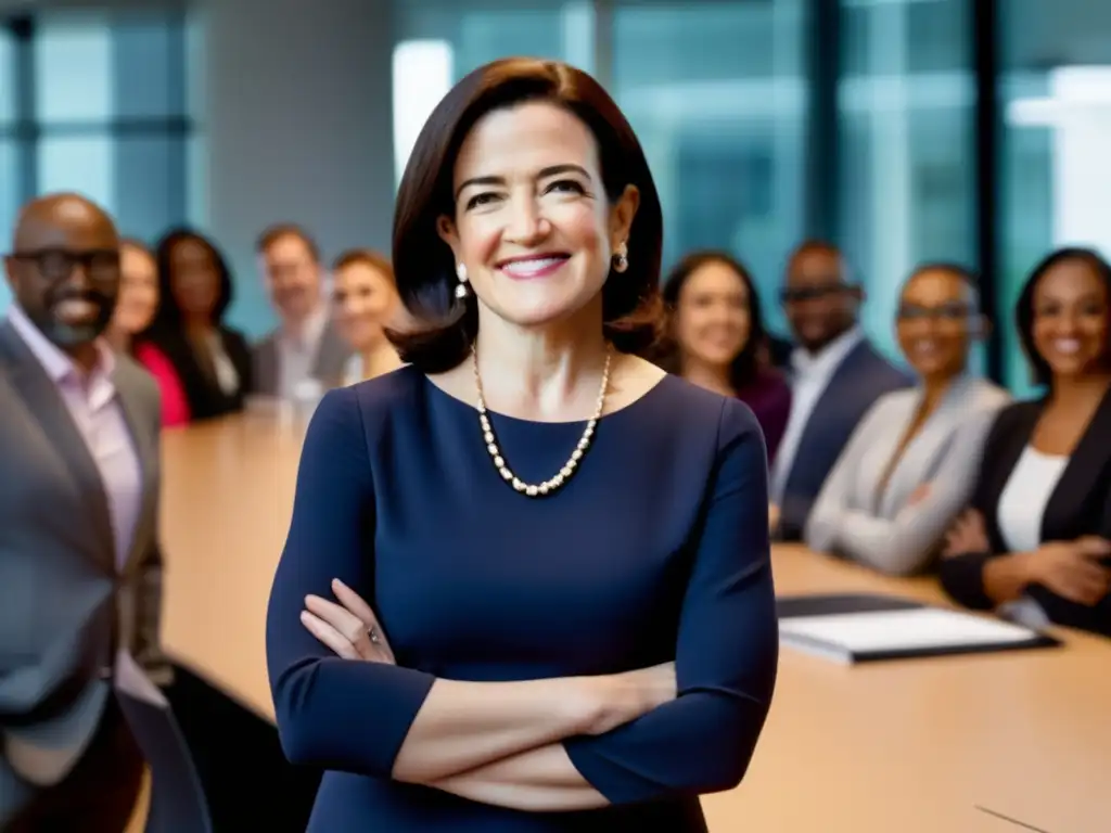 Una imagen de alta resolución de Sheryl Sandberg en una oficina moderna, rodeada de colegas diversos en una discusión colaborativa