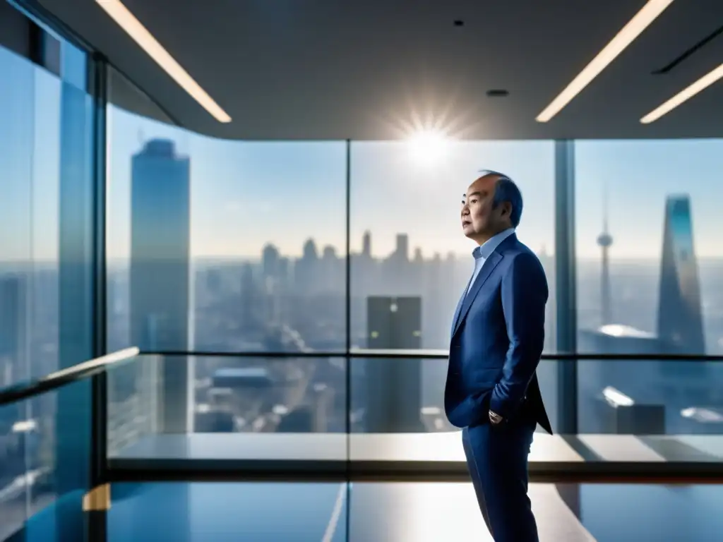 En la imagen, Masayoshi Son irradia determinación y visión en una oficina moderna, rodeado de tecnología de vanguardia