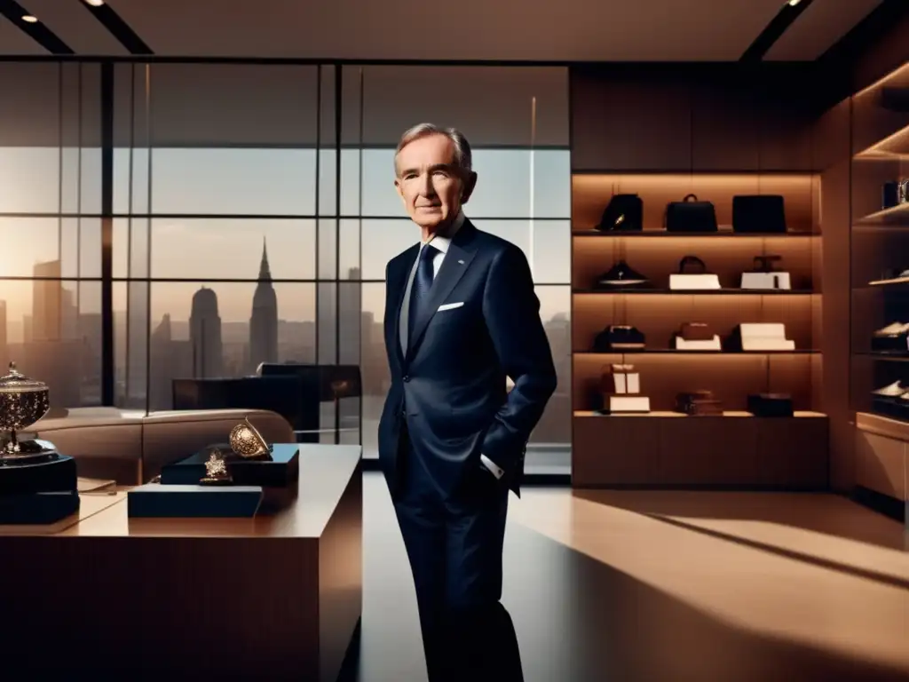 En la imagen, Bernard Arnault exuda autoridad y sofisticación en una oficina moderna de LVMH