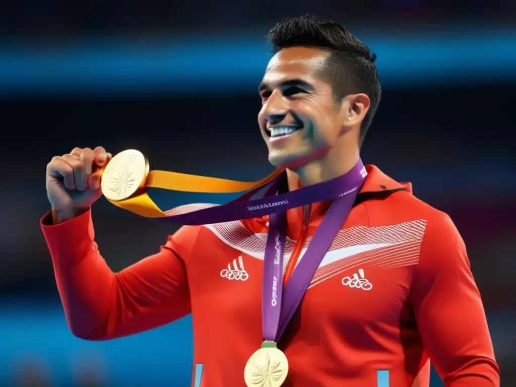 En la imagen, Félix Sánchez posa con orgullo en el podio olímpico, luciendo su medalla de oro