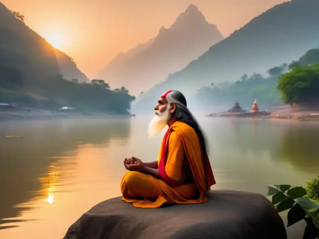 En la imagen, Adi Shankaracharya está meditando a orillas del río Ganges, rodeado de exuberante vegetación y una atmósfera serena