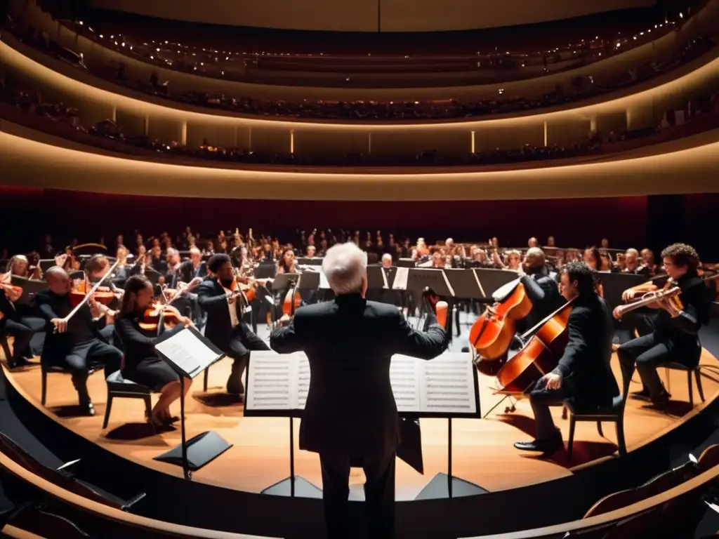 Una imagen de alta resolución de Daniel Barenboim dirigiendo una orquesta, con los músicos tocando apasionadamente en una sala de conciertos moderna