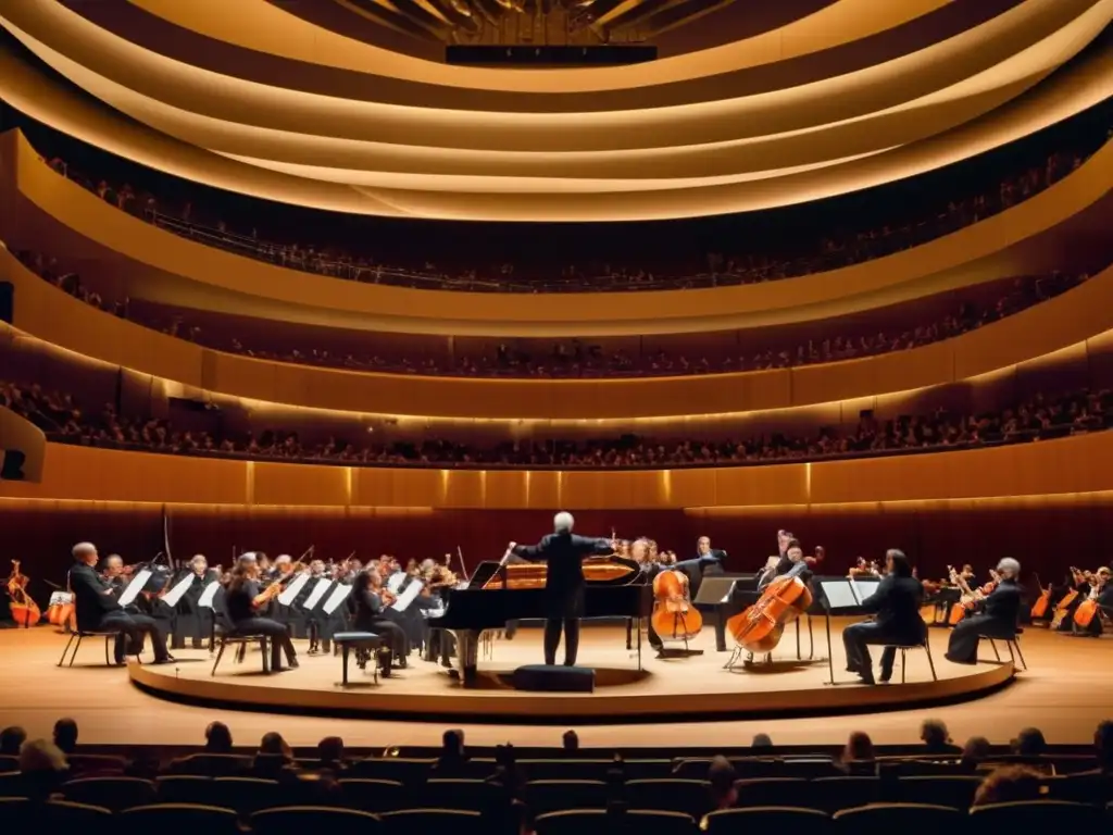 La imagen muestra a Daniel Barenboim dirigiendo la Orquesta para la paz en un moderno auditorio