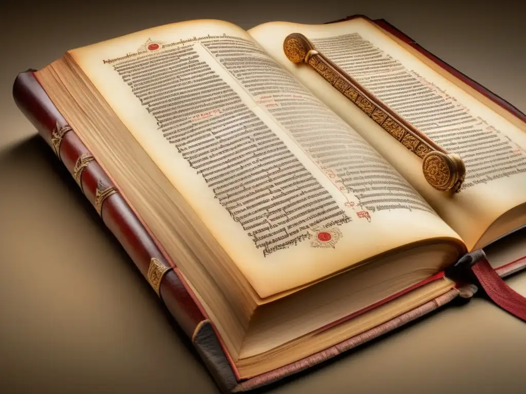 La imagen muestra una página original de la Biblia de Gutenberg, destacando la caligrafía y las ilustraciones detalladas