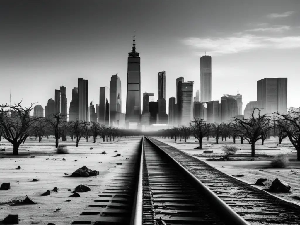 La imagen muestra un paisaje urbano en blanco y negro con rascacielos imponentes contrastando con un páramo desolado