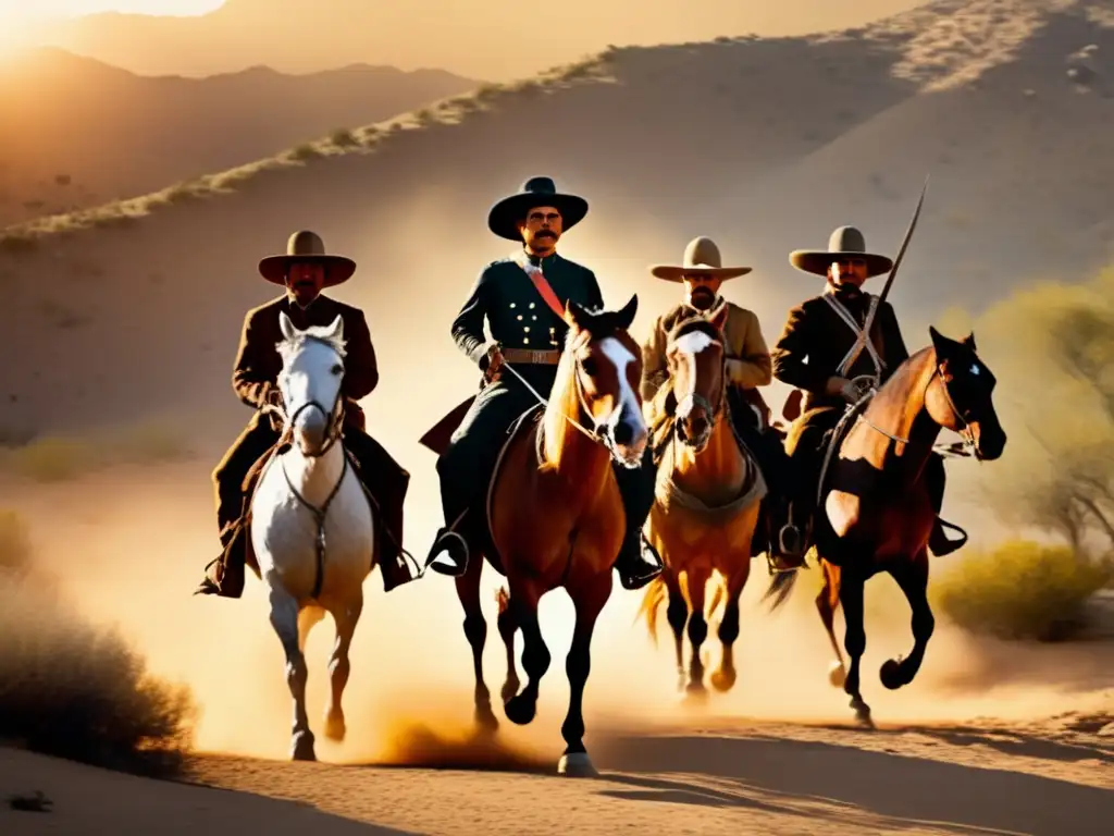 En la imagen, Pancho Villa lidera a sus soldados revolucionarios a caballo en un terreno montañoso al atardecer, irradiando determinación y unidad