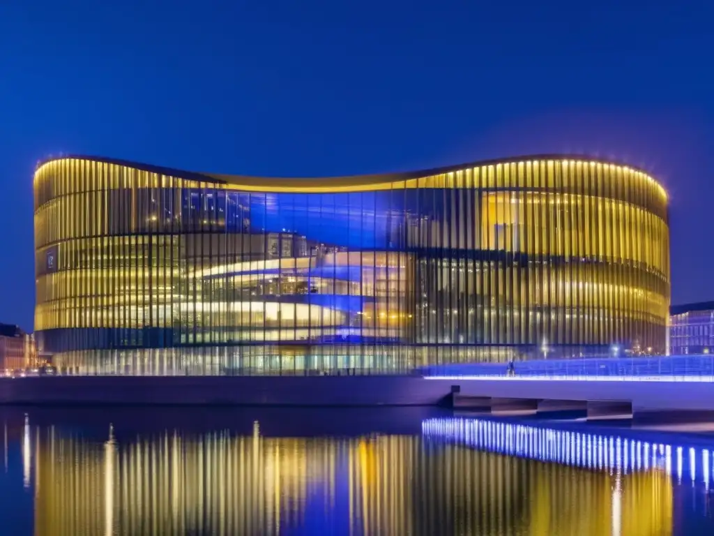 Una imagen panorámica de alto contraste del edificio del Parlamento Europeo en Estrasburgo, Francia, iluminado de noche