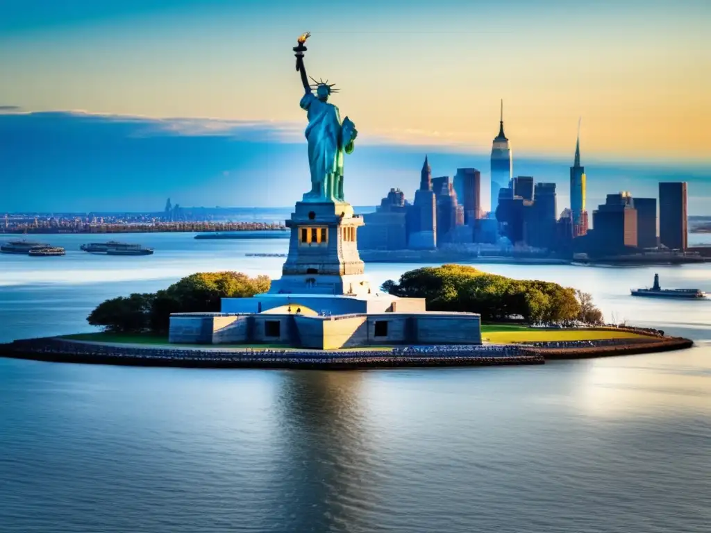 Una imagen panorámica de la Estatua de la Libertad destacando su torcha y corona, iluminada por el sol en un cielo azul