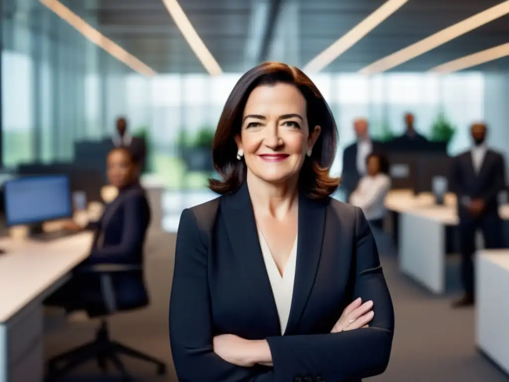 Una imagen panorámica de Sheryl Sandberg, líder femenina, en una oficina moderna rodeada de tecnología y un equipo diverso