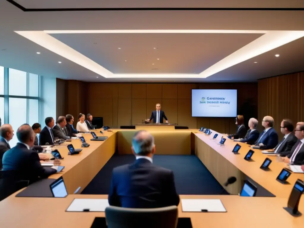 Una imagen panorámica de Mark Carney dirigiéndose a líderes empresariales y tomadores de decisiones, proyectando determinación y enfoque