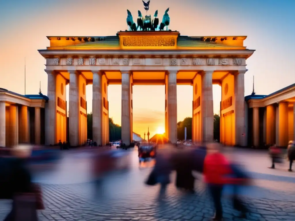 Una imagen panorámica de la Puerta de Brandeburgo en Berlín, con el sol poniéndose detrás, iluminando los edificios con un cálido resplandor dorado