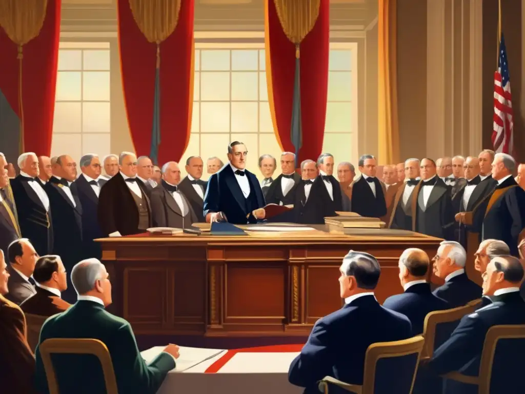 En la imagen se muestra a Woodrow Wilson firmando la paz en un detallado cuadro digital que irradia importancia y solemnidad