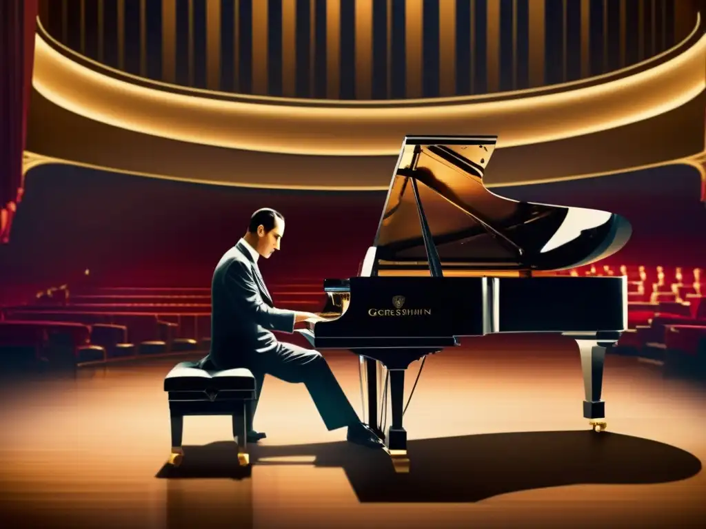 En la imagen, George Gershwin toca el piano en un elegante salón de conciertos, con una atmósfera sofisticada y una fusión musical única