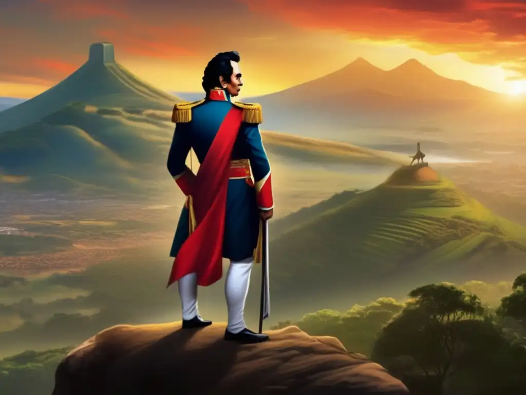 En la imagen se muestra a Simón Bolívar de pie en la cima de una colina, observando un vasto paisaje de América del Sur al atardecer