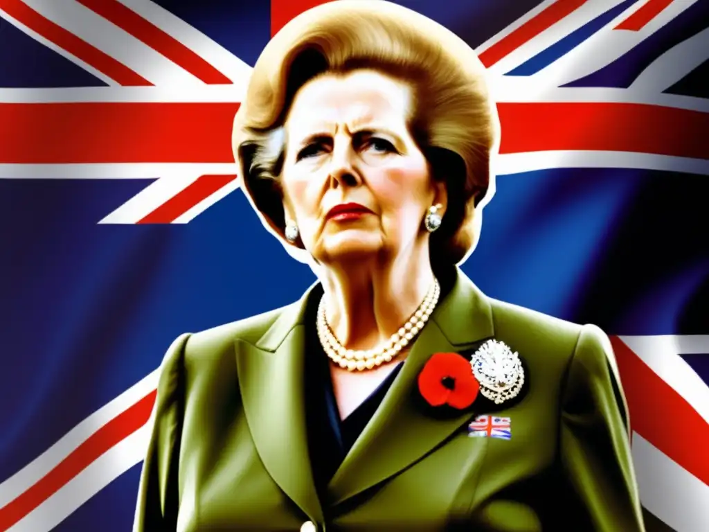 La imagen muestra a Margaret Thatcher de pie frente a una bandera británica con una expresión determinada