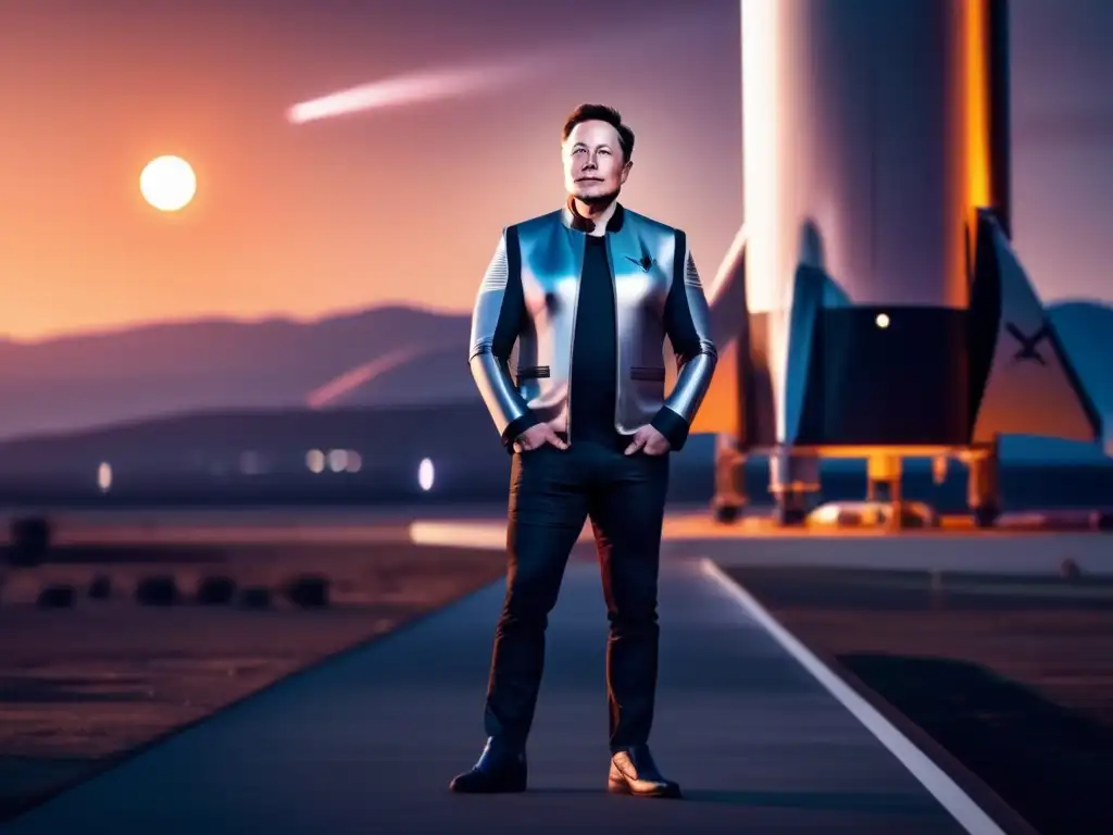 En la imagen, Elon Musk está de pie frente a un cohete de SpaceX al atardecer, transmitiendo ambición e innovación