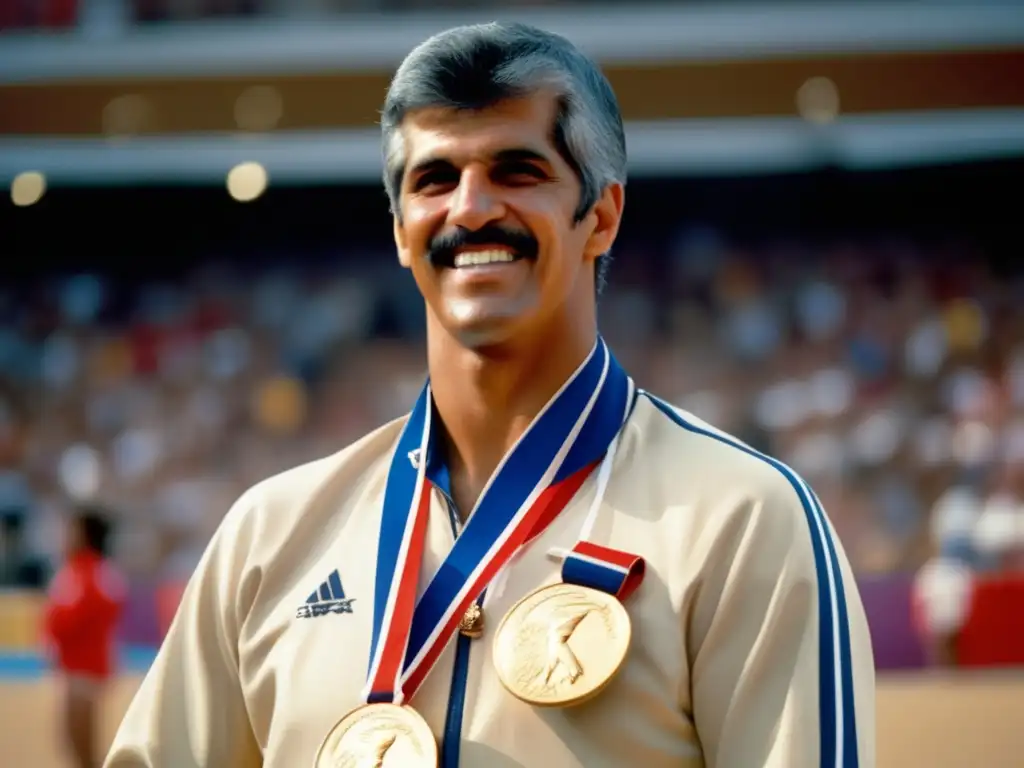 En la imagen, Mark Spitz está de pie en el podio con sus siete medallas de oro al cuello, las icónicas anillas olímpicas de fondo