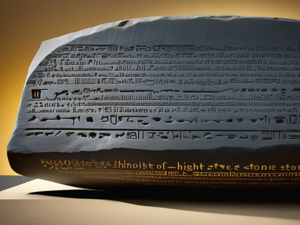 Una imagen de alta resolución de la Piedra Rosetta, con intrincados jeroglíficos, escritura demótica y texto griego grabados en su superficie