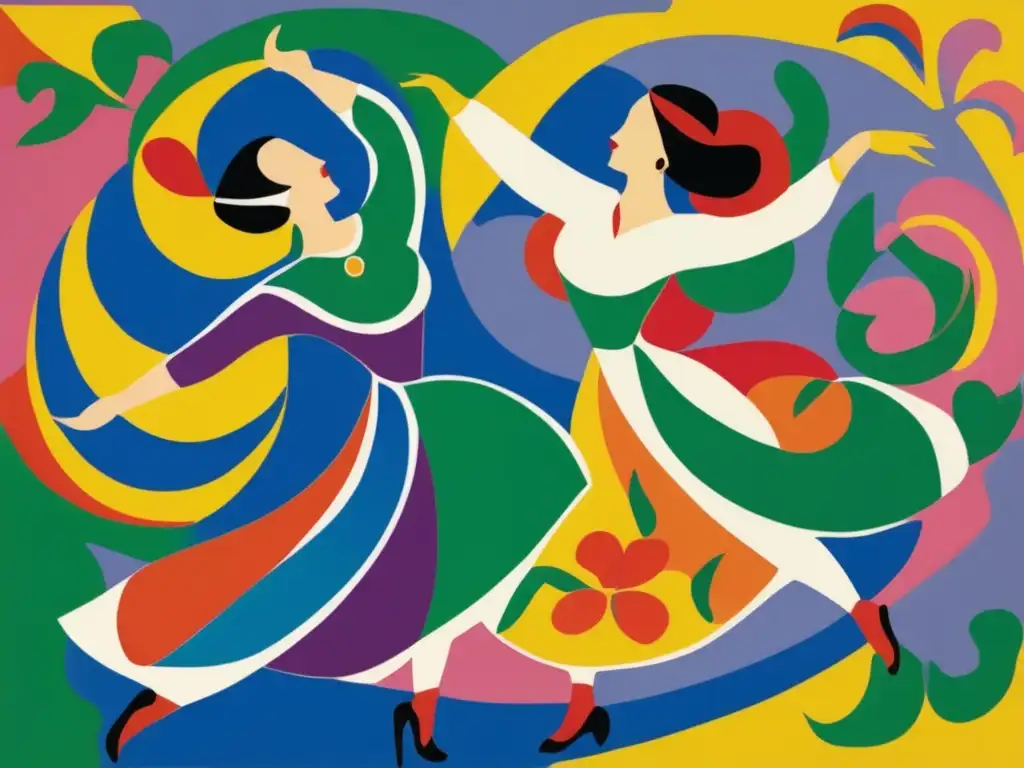 Una imagen con la pintura 'La Danza' de Henri Matisse, llena de colores vibrantes y patrones rítmicos, expresando movimiento y energía