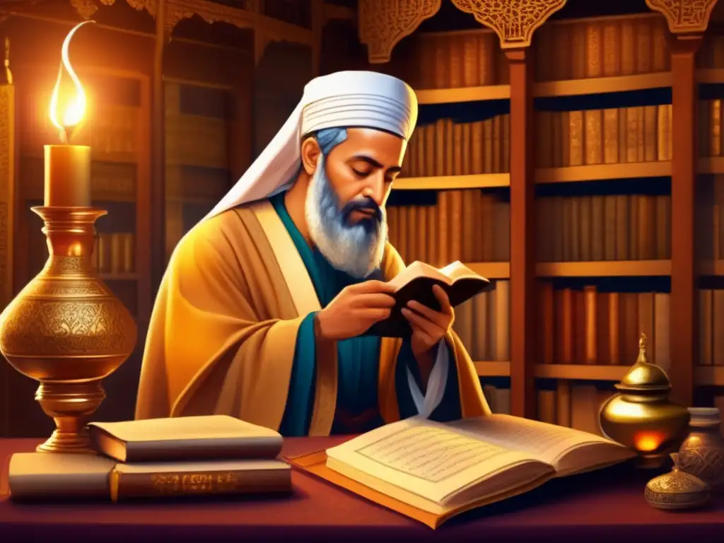 En la imagen se muestra una pintura digital de alta resolución de Avicena en un estudio islámico tradicional rodeado de antiguos textos médicos y manuscritos filosóficos