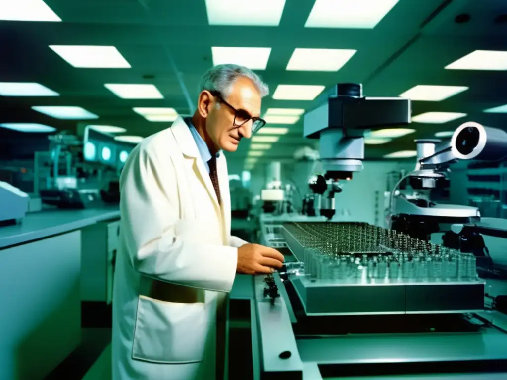 En la imagen, Robert Noyce, pionero del circuito integrado, examina una oblea de silicio en una moderna instalación de fabricación de semiconductores, rodeado de tecnología de vanguardia y circuitos integrados