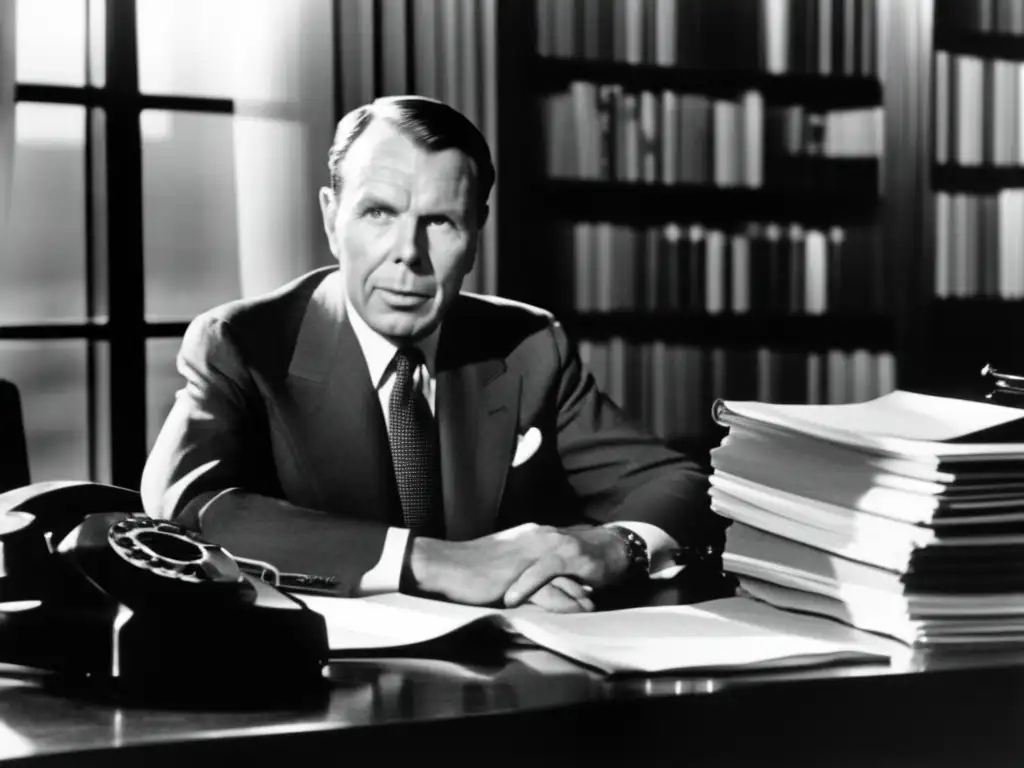 En la imagen, David Ogilvy, pionero de la publicidad moderna, se sienta en un elegante escritorio con papeles y libros