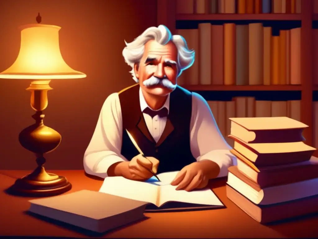 En la imagen, Mark Twain sonríe traviesamente mientras escribe con una pluma rodeado de libros y papeles