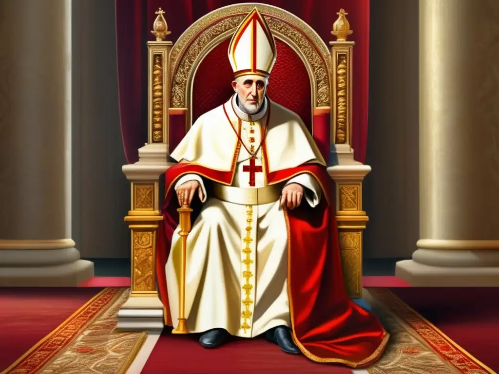 En la imagen, el Papa Inocencio III irradia poder político y sabiduría en el trono del Vaticano, reflejando la influencia de la Iglesia Medieval