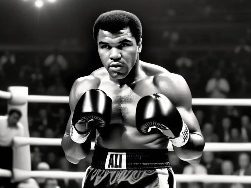 En la imagen, Muhammad Ali irradia poder y determinación en el ring, capturando su impacto en el activismo civil y el deporte