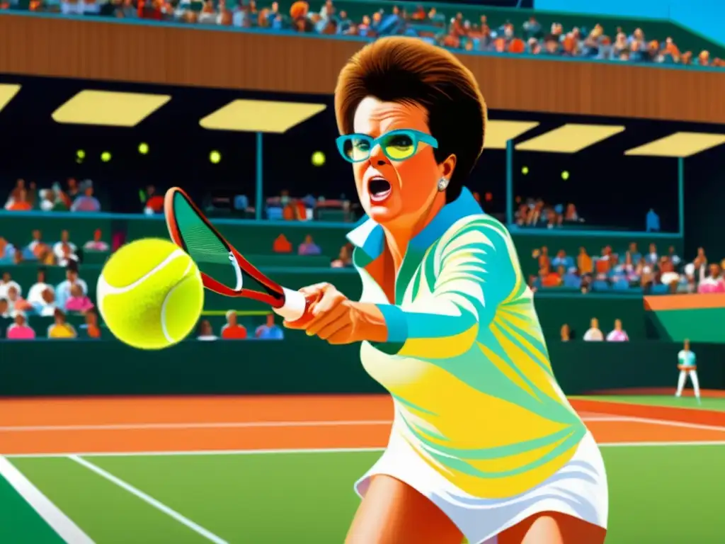 Imagen poderosa de Billie Jean King sirviendo en la cancha de tenis, simbolizando la batalla por la igualdad en el tenis femenino