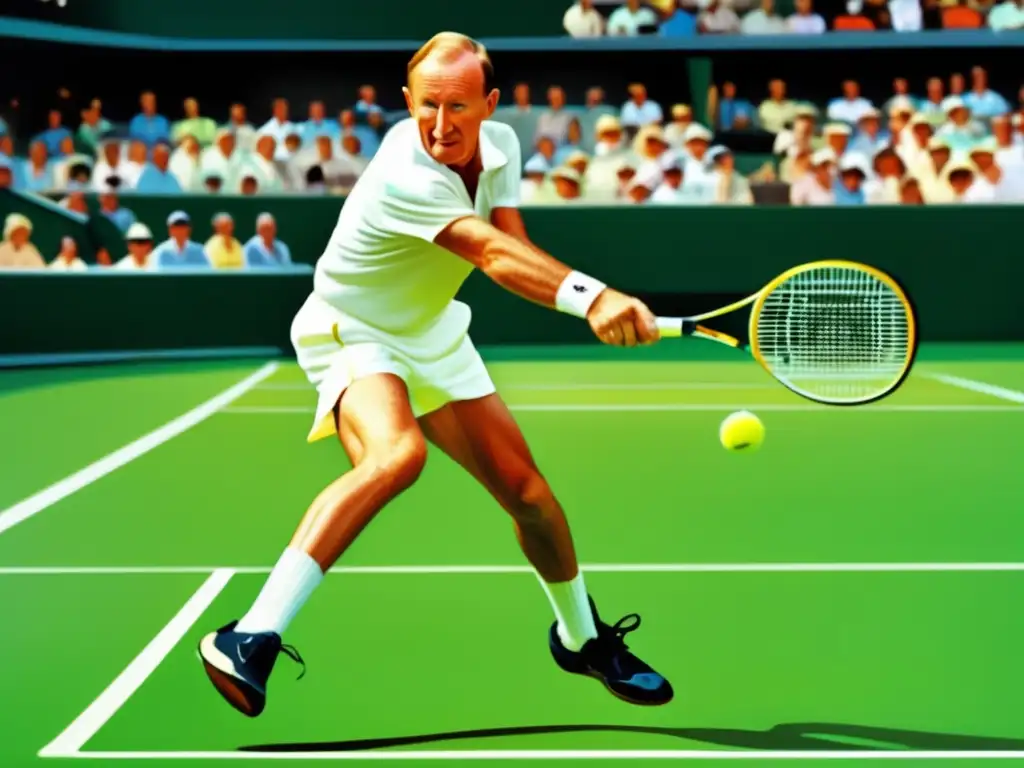 Imagen de Rod Laver ejecutando un poderoso backhand en la cancha de tenis, con la palabra clave 'Rod Laver: historia, legado y revolución del tenis'