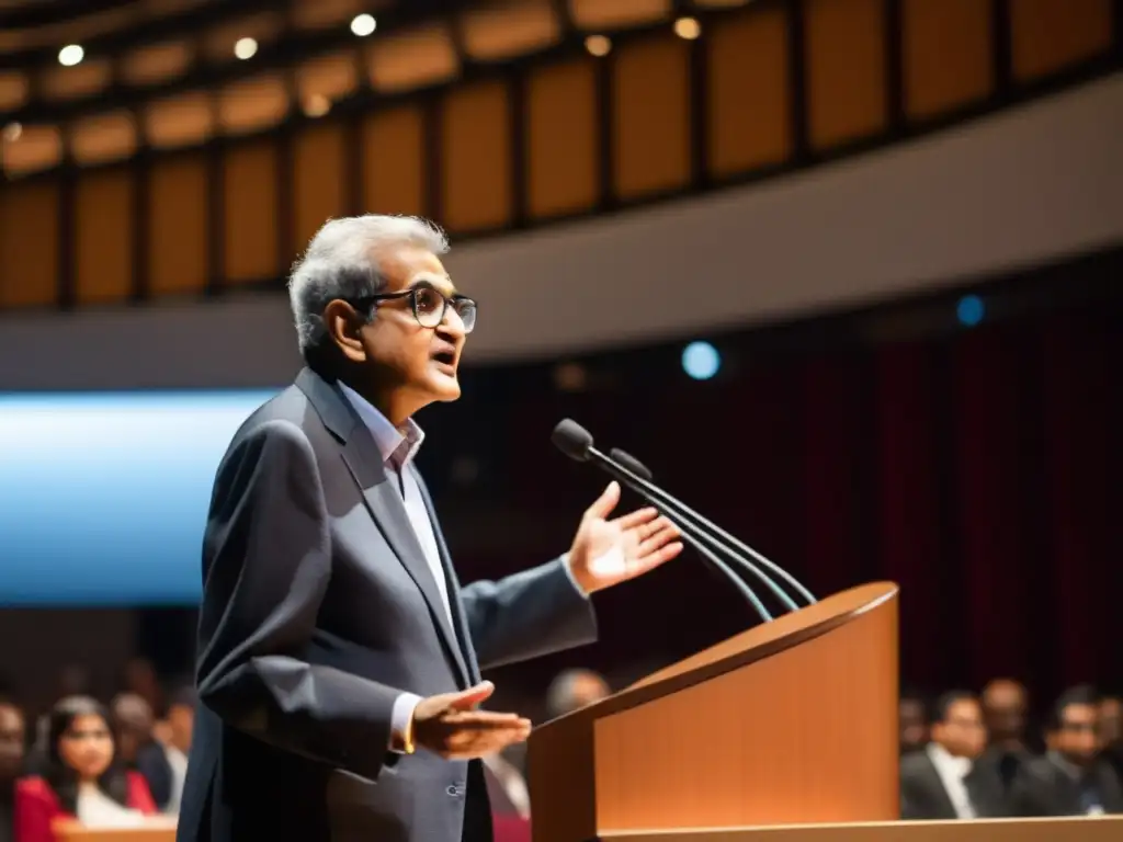 En la imagen, Amartya Sen pronuncia un poderoso discurso sobre ética y justicia, rodeado de un público diverso en un auditorio moderno