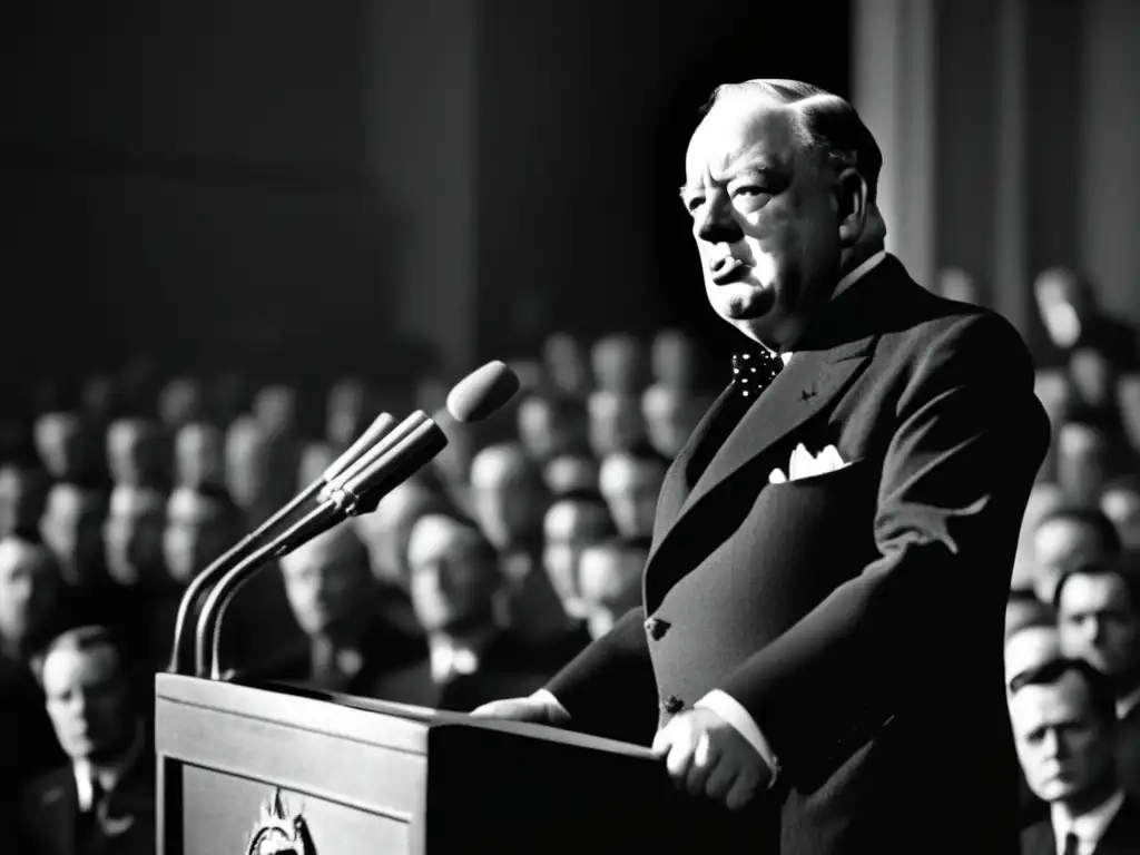 En la imagen, Winston Churchill pronuncia un poderoso discurso durante la Segunda Guerra Mundial, mostrando determinación y liderazgo
