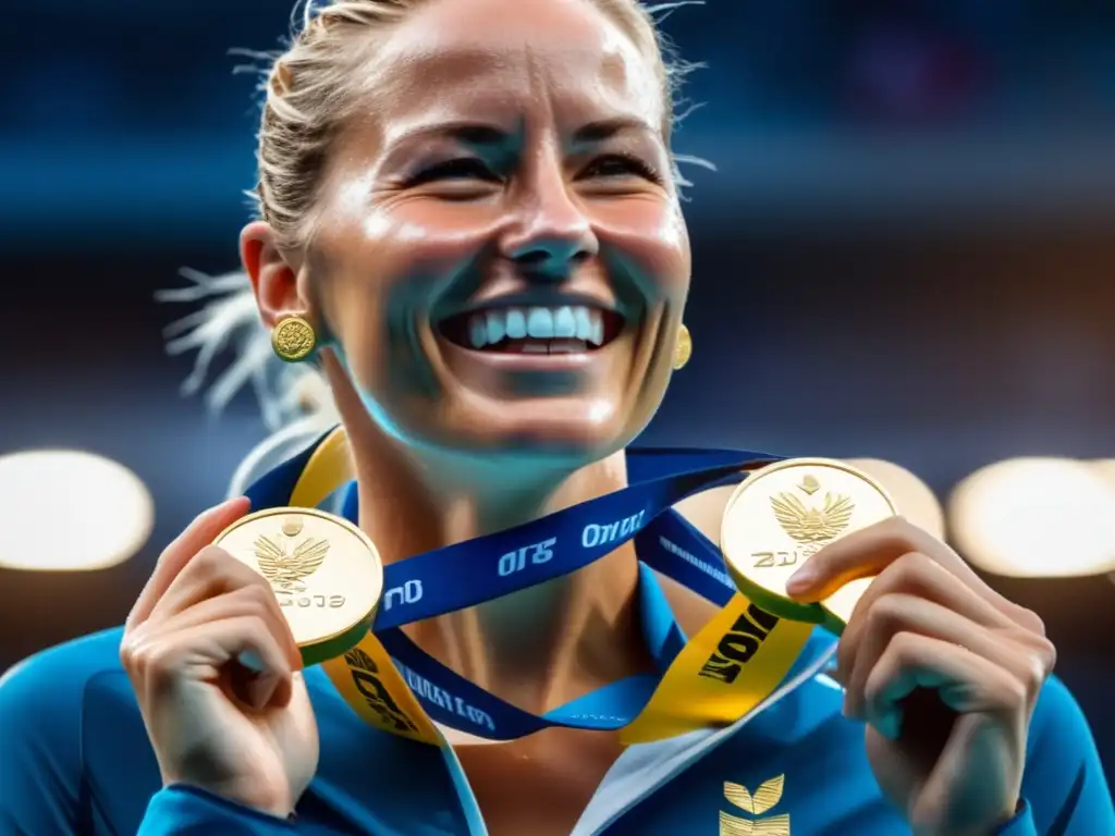 La imagen muestra a Kristin Otto en el podio con sus medallas de oro, reflejando determinación y victoria en la piscina