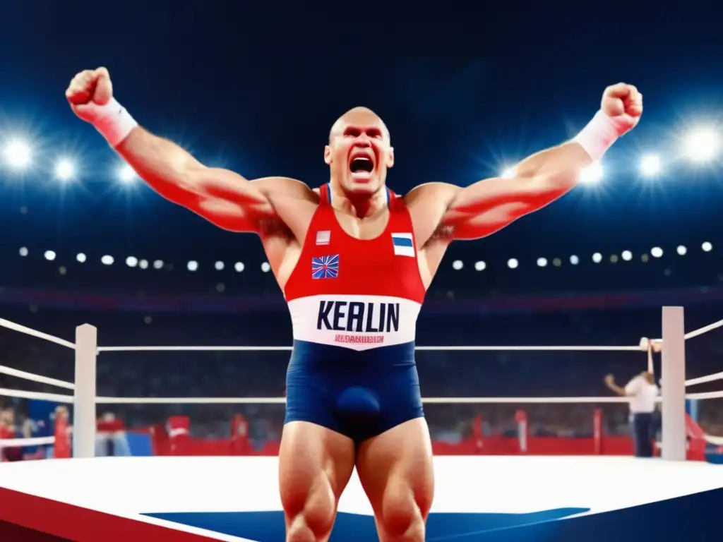 La imagen muestra la dominación de Alexander Karelin en el podio olímpico, transmitiendo fuerza y determinación