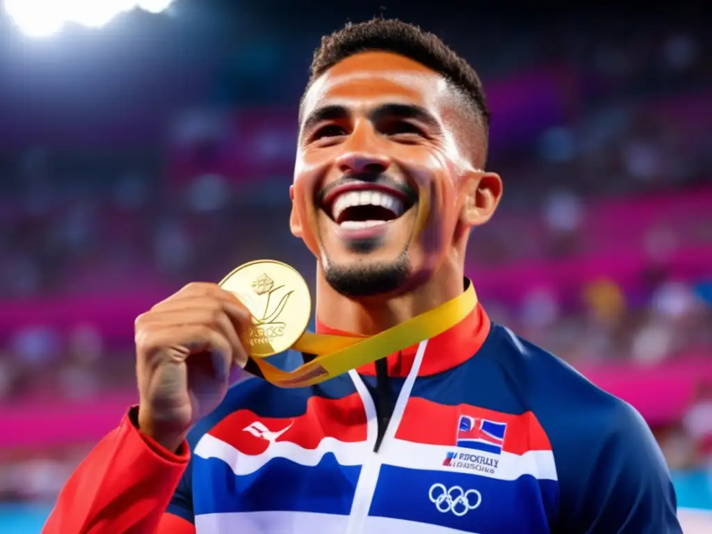 En la imagen, Félix Sánchez está en el podio olímpico con la medalla de oro y la bandera dominicana