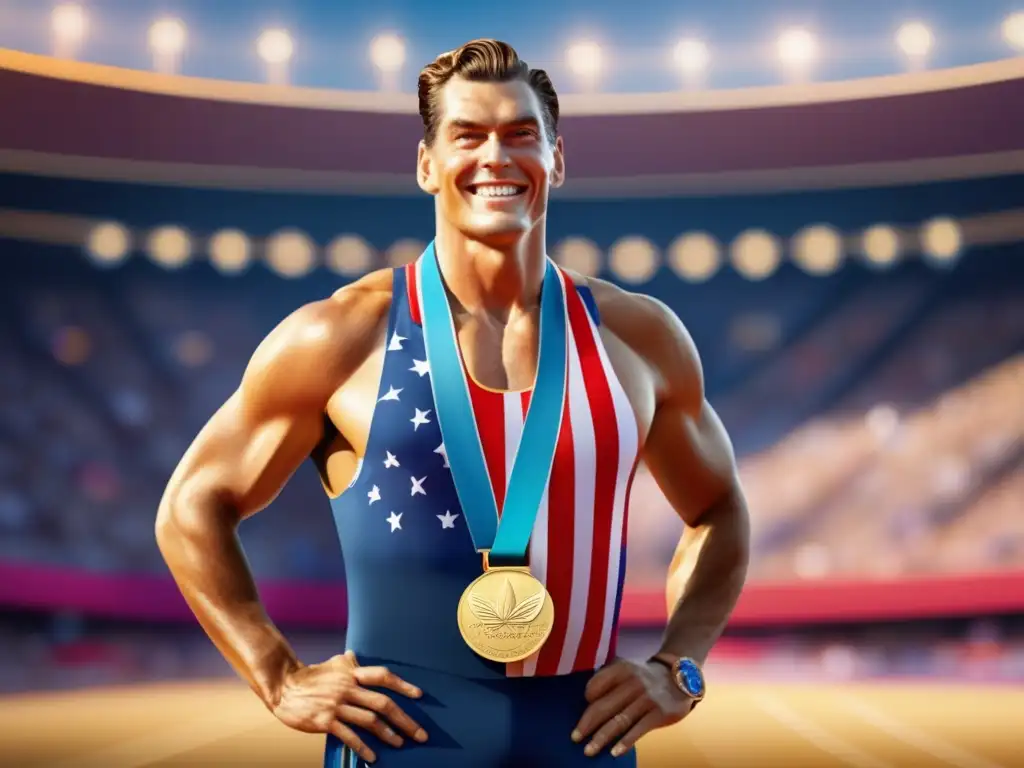 En la imagen, Johnny Weissmuller brilla en el podio olímpico con su medalla de oro, rodeado de la bandera americana y el estadio