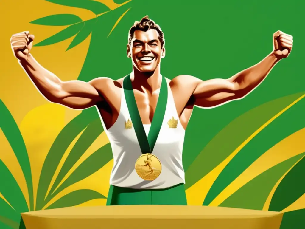 En la imagen, Johnny Weissmuller brilla en el podio olímpico, su sonrisa refleja su triunfo