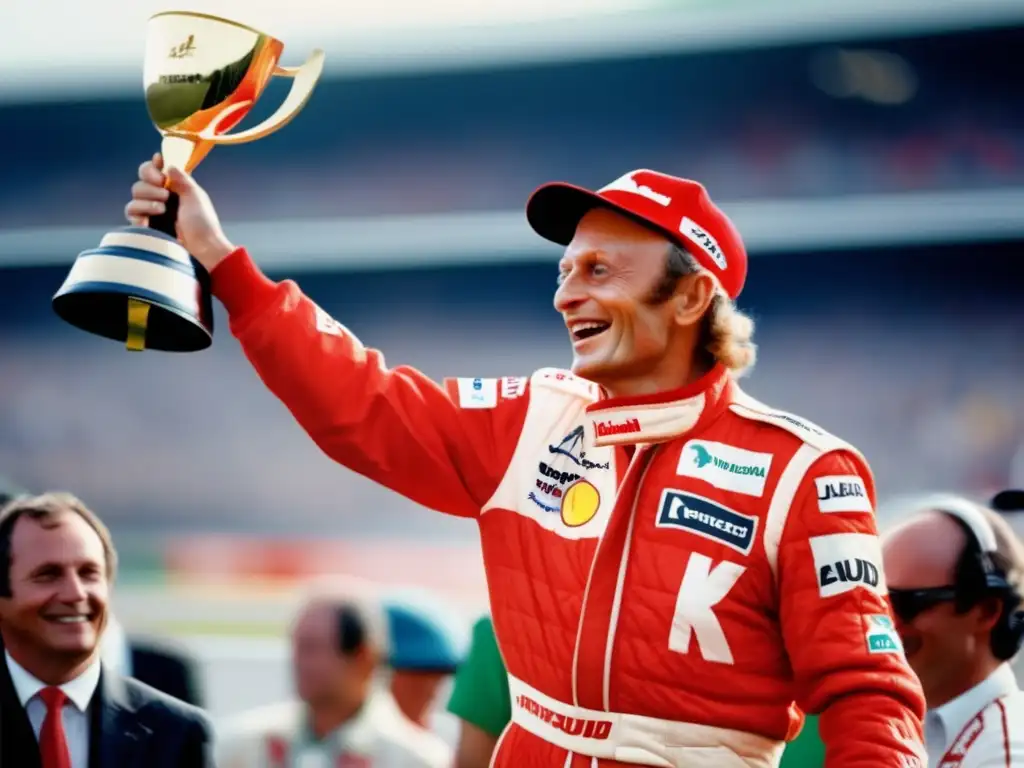 Imagen de Niki Lauda en el podio, con traje de carreras, sosteniendo trofeo y expresión triunfante